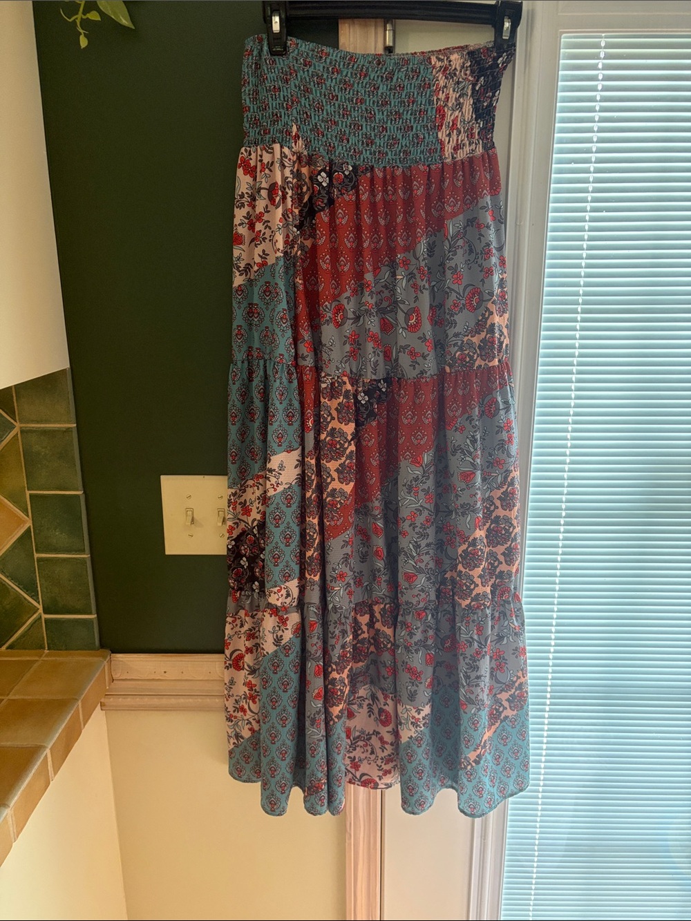 Boho Floral Patchwork Maxi Skirt in Teal and Rust